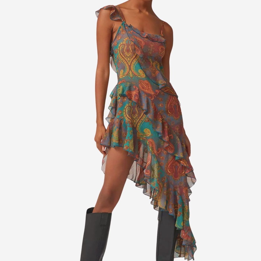 Urban Outfitters Charlize Sheer Mesh Asymmetric Ruffle Midi Dress XS